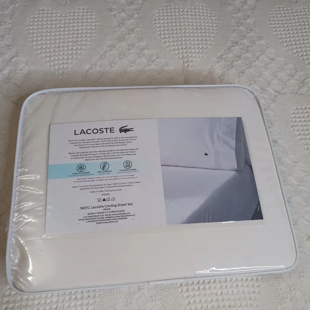 Lacoste Sheet Set White 4pcs Cooling Solid 100% Cotton size Queen